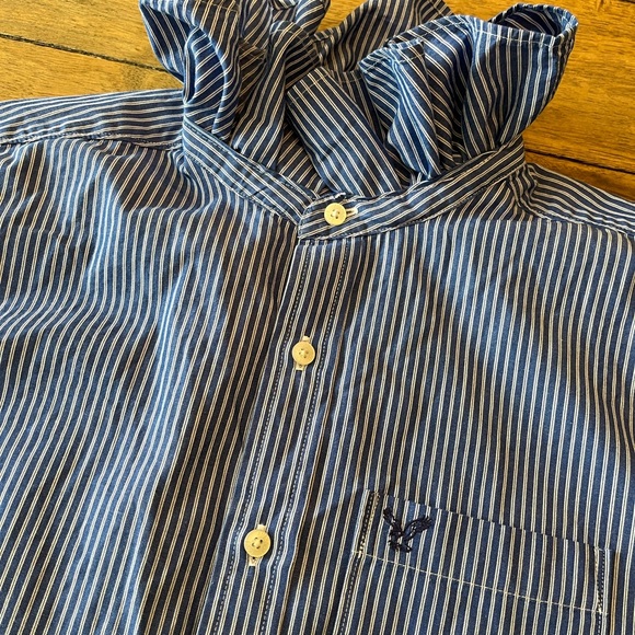 Woman’s Up-Cycled Ruffle Collar Blue Striped Button-Down Shirt with Pocket - Picture 9 of 9
